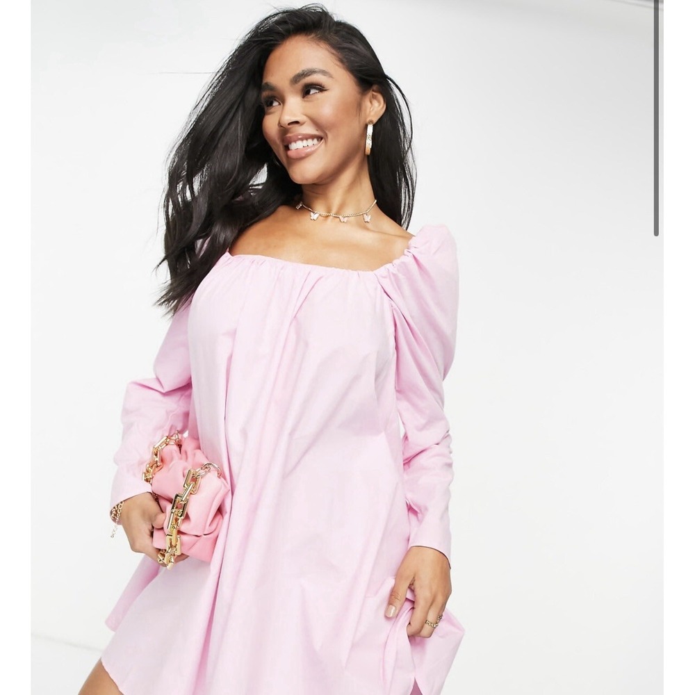 ASYOU Square Neck Volume Flippy Mini Dress Bright Pink UK 14 US 10